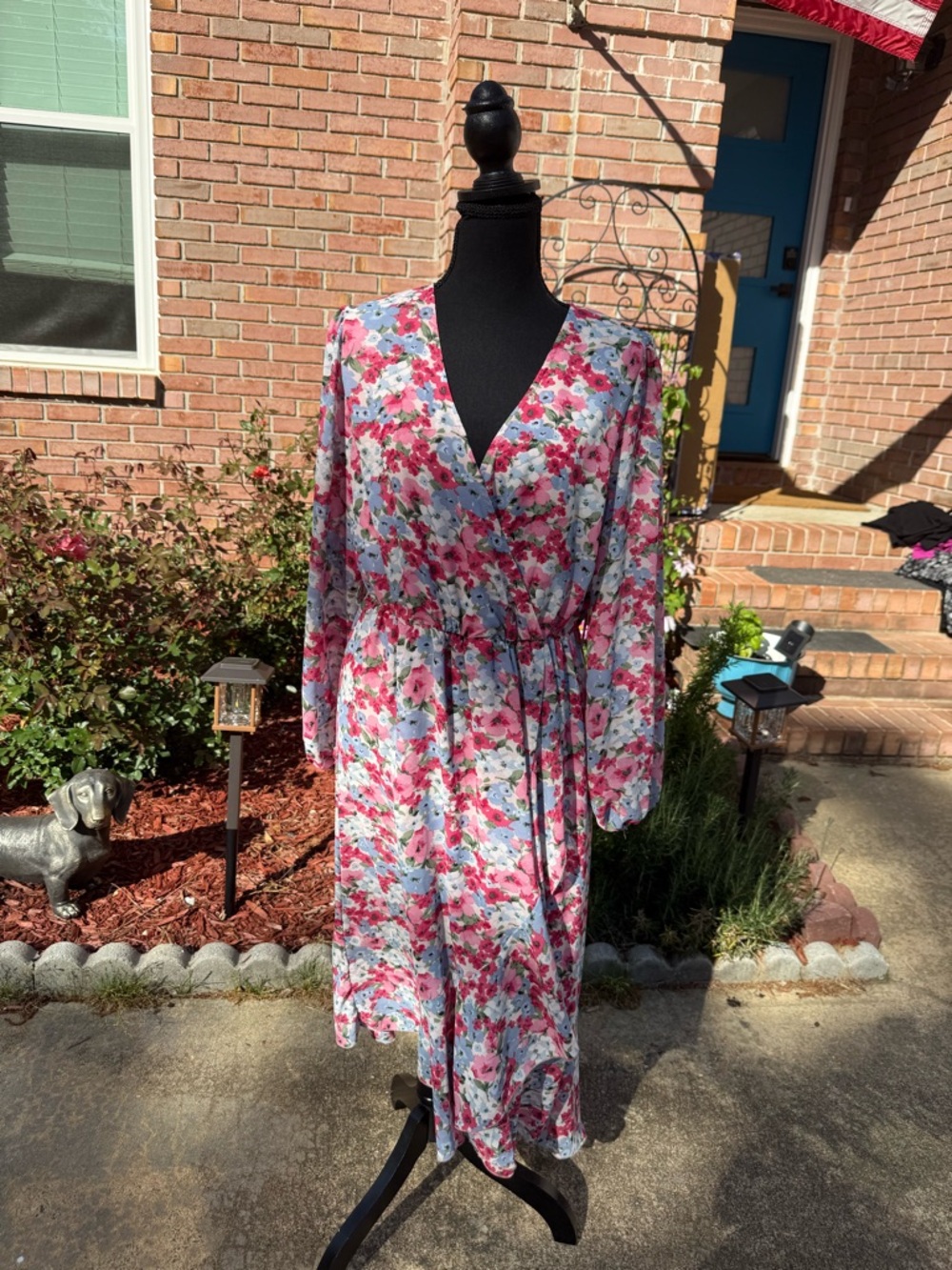 Light Blue & Pink Floral High-Low Wrap Dress